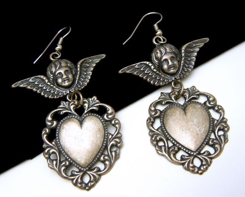 Dangly Angel Cupid Heart Earrings 2 3/4 Pierced Hooks Stamped 