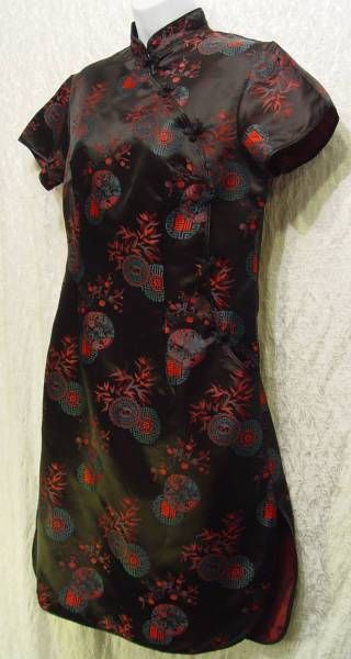 New BLACK BROCADE Korean CHEONGSAM Mandarin Dress M/L  