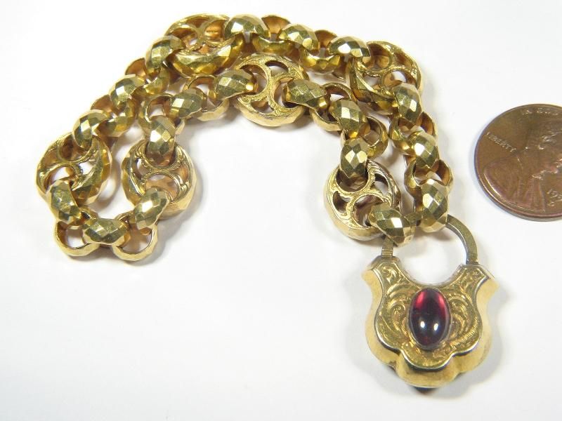 SUPERB ANTIQUE ENGLISH 15K GOLD GARNET LOCKET BRACELET  