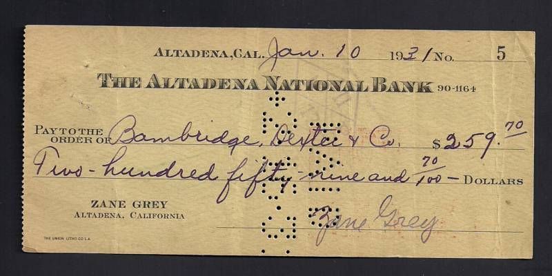 Zane Grey Signed Check Auto PSA  