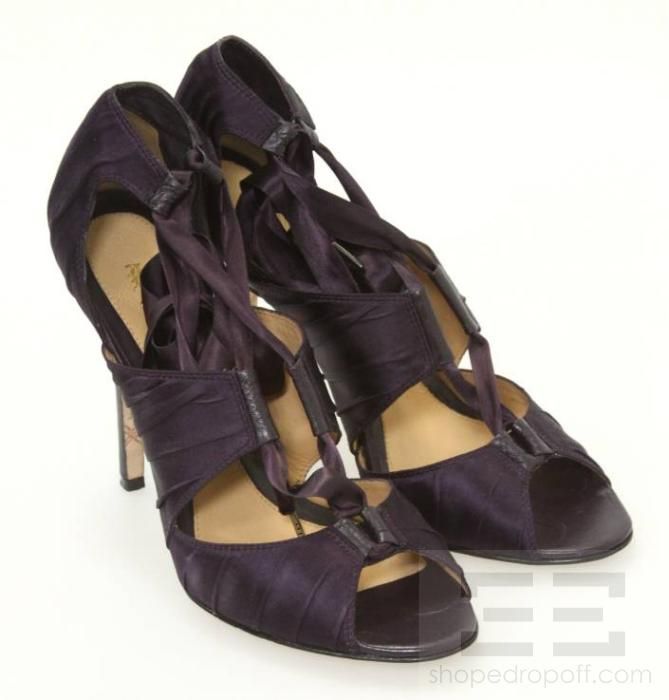 LAMB Purple Satin & Leather Trim Ruched Ribbon Heels Size 11M  