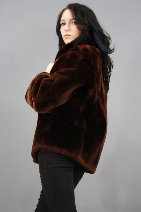 Vintage 50s Mahogany SHEARED BEAVER or MOUTON Fur Swing Coat Jacket 