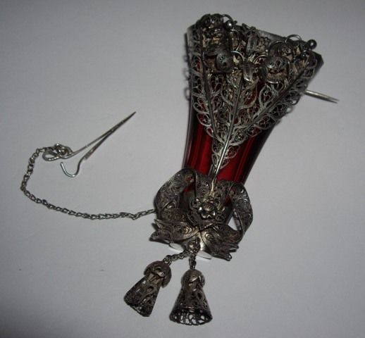 Vtg Silver Cranberry Glass Tussie Mussie Posy Holder  