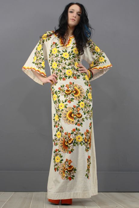   CROCHET Peacock BELL SLV Hippie MEXICAN Wedding MAXI dress M  