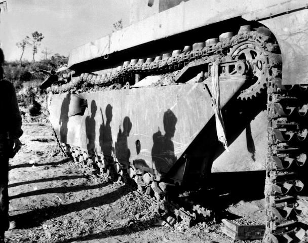 Marines Battle Wrecked Alligator Tank   WWII USMC Photo  