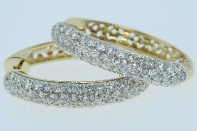 14K YELLOW WOMENS PAVE 3.46 CT VS DIAMOND HOOPS EARRING  