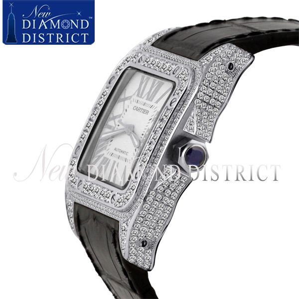 10.75CT TOTAL PAVE SET DIAMOND CARTIER SANTOS 100 LARGE STAINLESS 