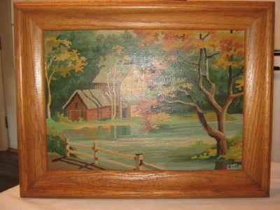 VTG PAINT BY NUMBERS GR8 BARN HOUSE & POND FALL FOLIAGE SCENE OAK 