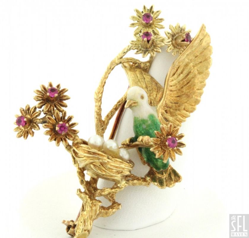   18K GOLD ITALY RUBY/PEARL ENAMEL BIRDS NEST FLOWER BROOCH  