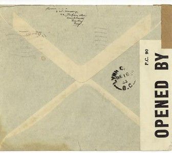 5610) 1943 UK CENSOR COVER LYNN CREEK BC SPLIT RING  