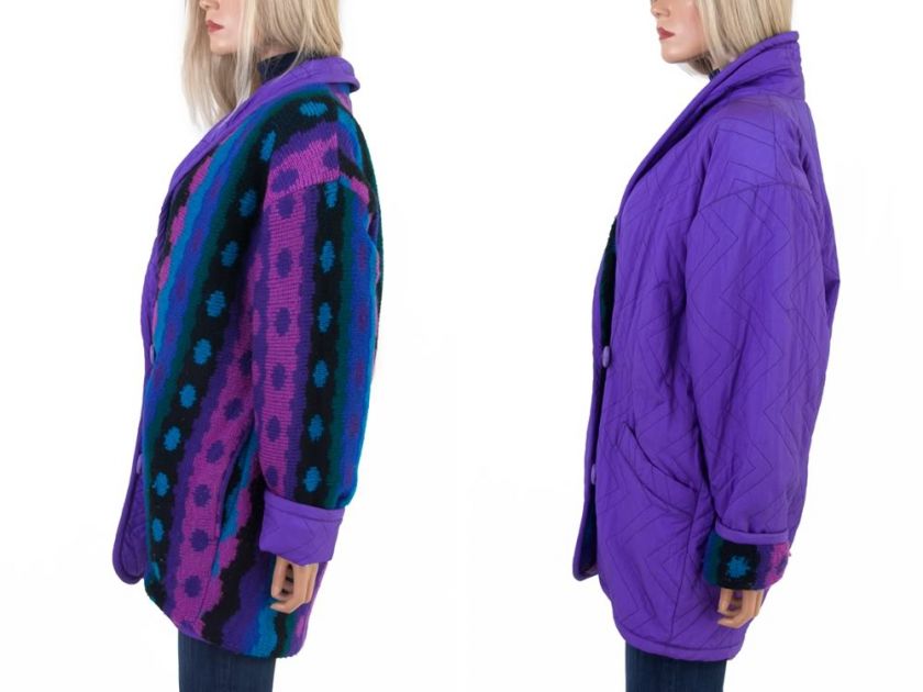 Vtg 80s Retro Graphic Big Puffy SWEATER JACKET Coat Pop Art Purple 