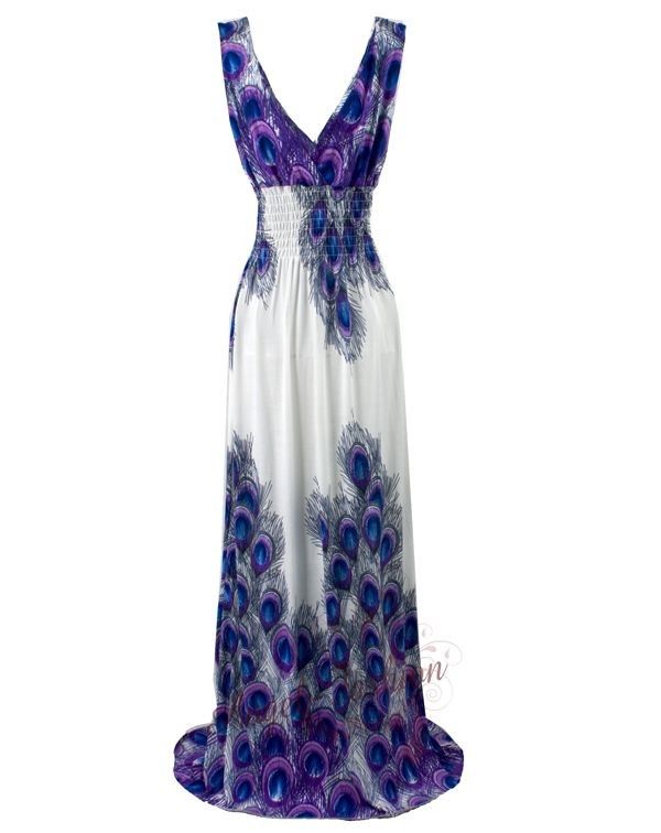 Sexy V Neck Peacock Maxi Party Sundress S Blue  