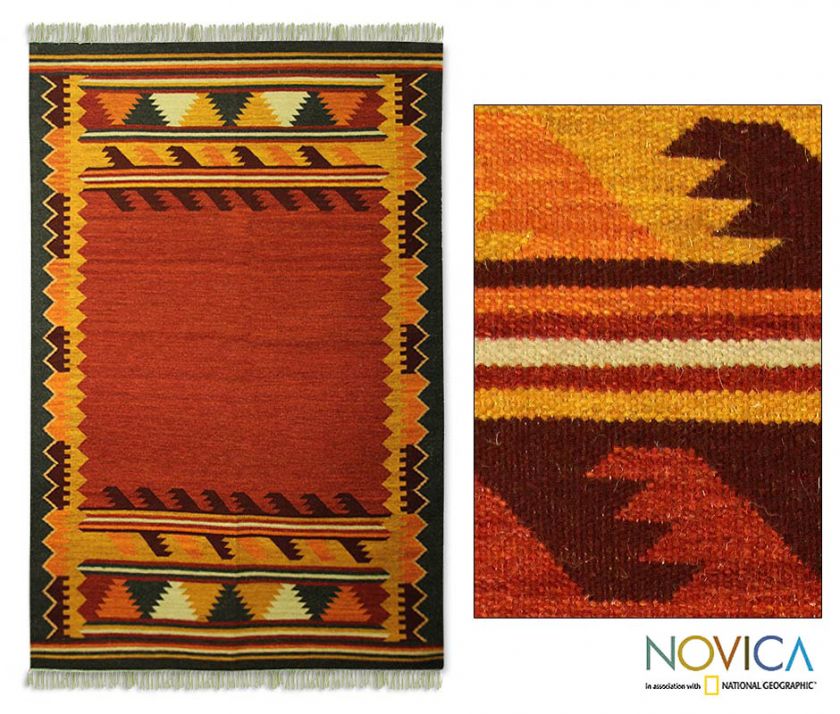 Sunset Waves~~Novica India Handwoven Wool Dhurrie Rug 4 x 6 ft  