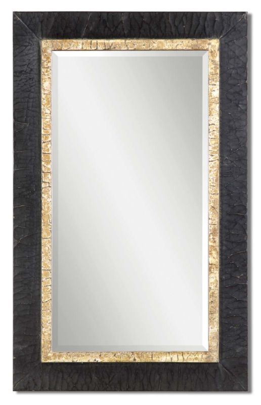 Black Crackle Finish Wood Wall Mirror Silver Leafing  