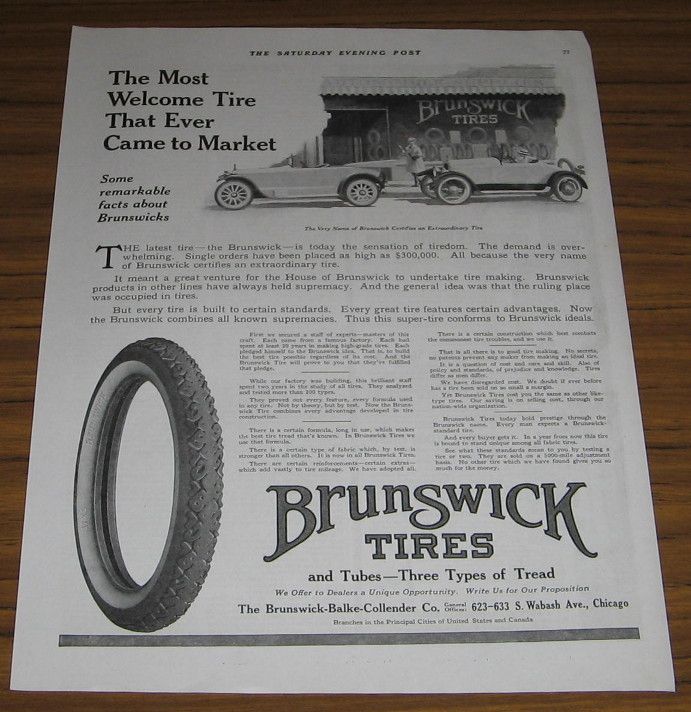 Original 1918 Vintage Ad Brunswick Tires Store Convertible Cars .