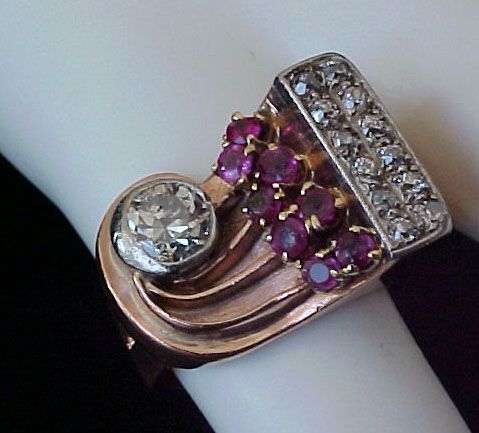 1930 40s Rose Gold 3/4 carat Mine Cut Diamond Ruby accent Estate 