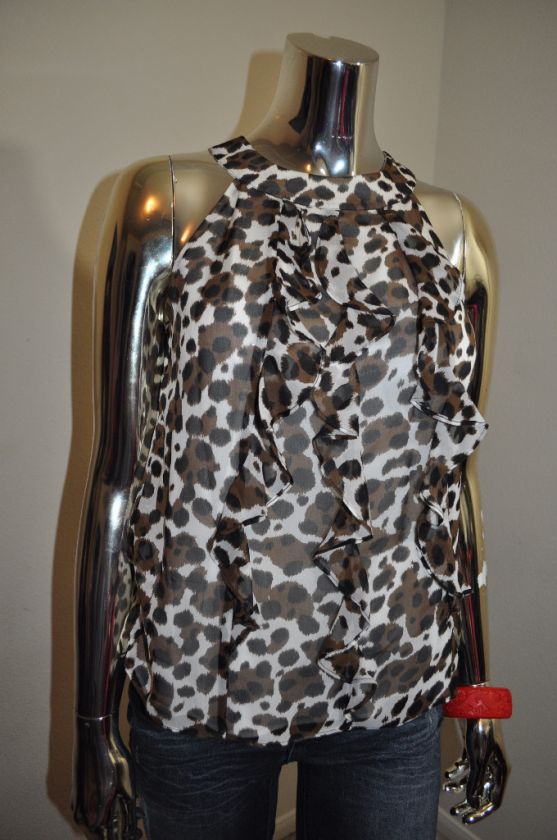 ANN TAYLOR 100% SILK LEOPARD RUFFLE FRONT TOP SZ 4  