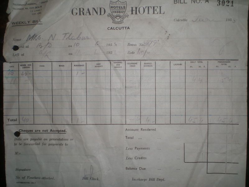 Calcutta Grand Hotel Invoice India 1955  