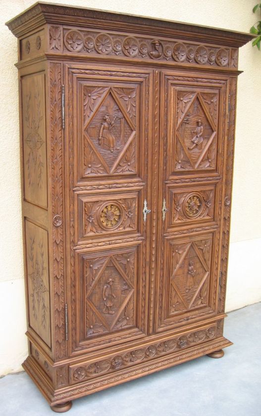 French Antique Armoire Carved Chestnut from Brittany  