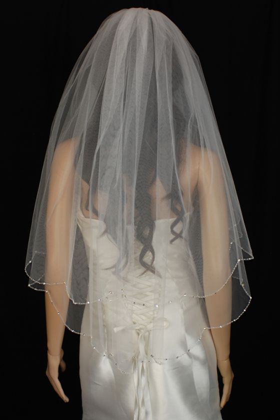 2T Fingertip Off White Rhinestone Beaded Wedding Veil  