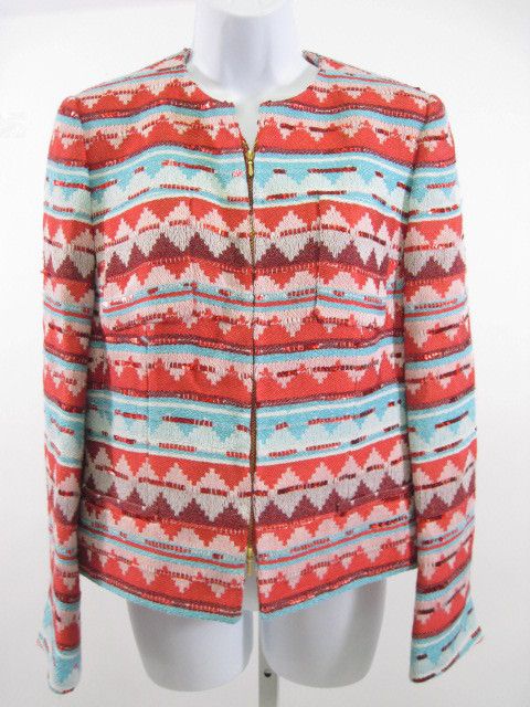 RENA LANGE Red Aztec Print Sequined Zip Up Jacket Sz 10  