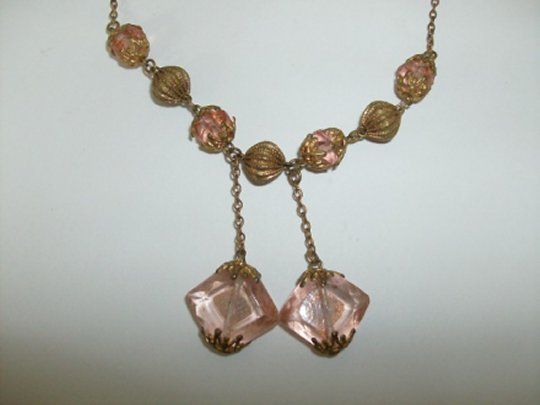 Vintage Pink Glass & Brass Dangling Bead Necklace  