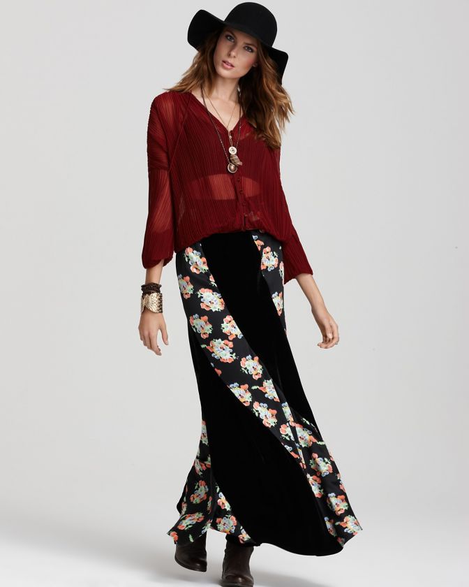 NEW FREE PEOPLE Gorgeous Flared Floral TWISTED VELVET MAXI SKIRT 2 4 