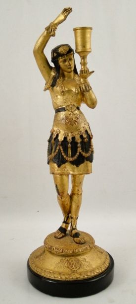 Pr Vintage Egyptian Revival Gilt Spelter Figural Candleholders 