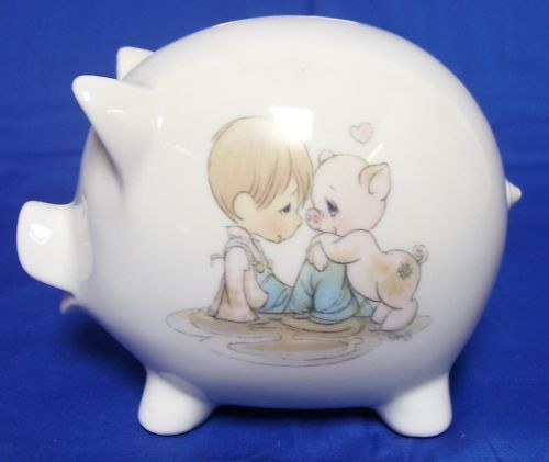 Enesco Precious Moments Boy Pink Hog Pig Piggy Bank  