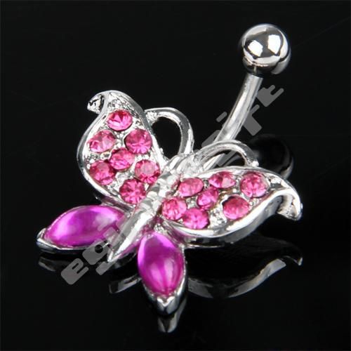 Steel Ball Pink Butterfly Gem Crystal Navel Belly Ring  