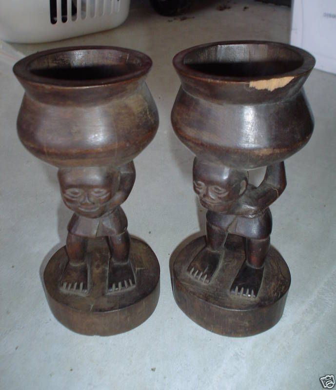 Set of 2 Antique Hand Carved Wood Man Statue Carvings  