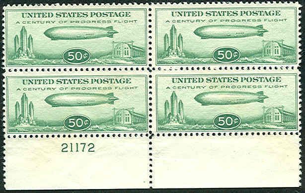 US #C18 50¢ Zeppelin, Plate No. Block of 4, og, NH, VF,  