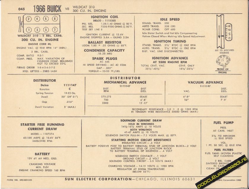   BUICK WILDCAT V8 310 300ci Engine Car SUN ELECTRONIC SPEC SHEET  