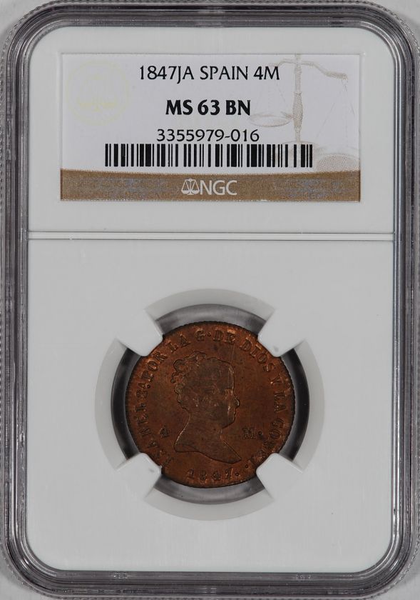 1847 Spain 4 Maravedis   NGC MS63 BN  