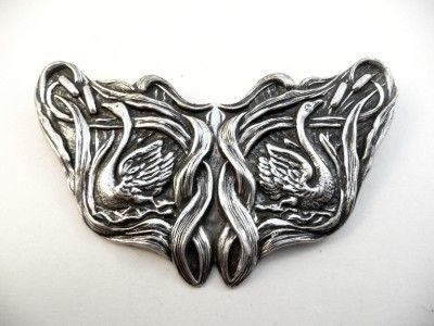   Art Nouveau Sterling Repoussage Swans in Cattails Hand Made BROOCH PIN