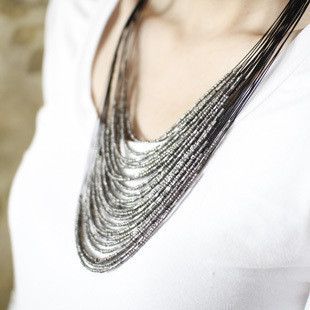   silver tone Multilayer Bead biker Strand Bib choker Necklace  