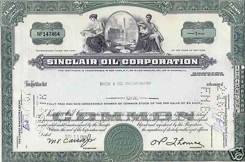 Sinclair Oil Corporation Stock certificate Green 1960s  