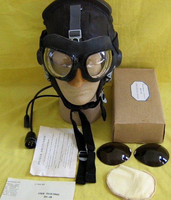 1988 Original Soviet AF Pilot Genuine Leather Helmet+PO1M Goggles Set 