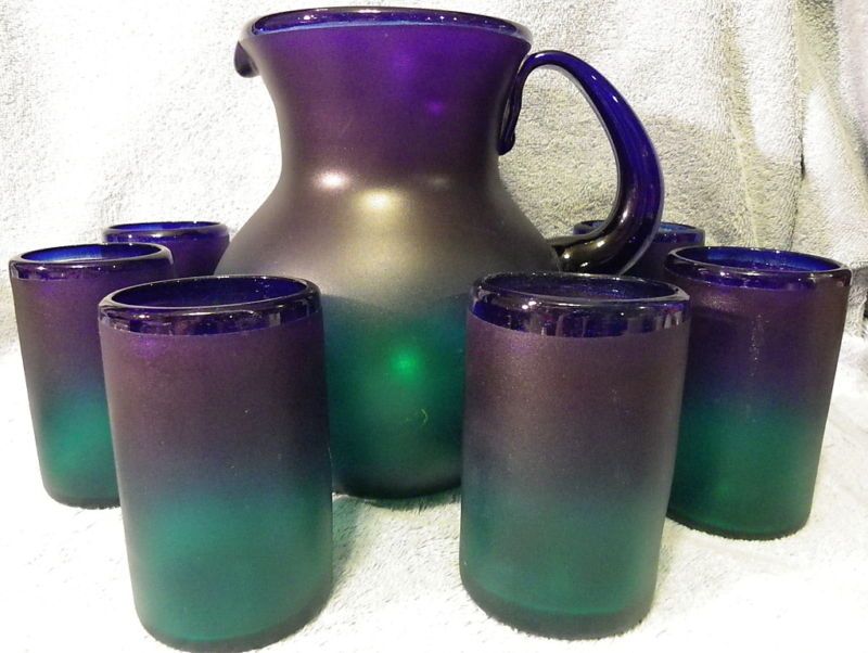 Cobalt Blue & Green Mexican Handblown Pitcher & Tumbler  