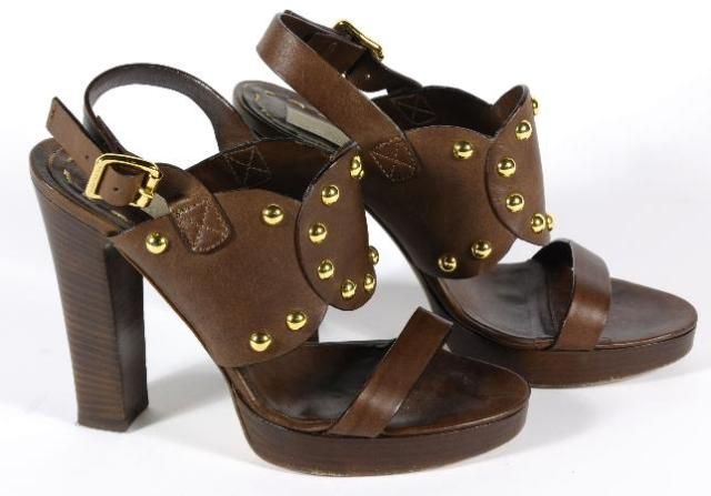   Gold Studded Brown Leather Strap High Wooden Heel Sandals 8 M  