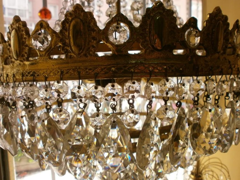 Antique french basket crystal chandelier lamp 1940s  