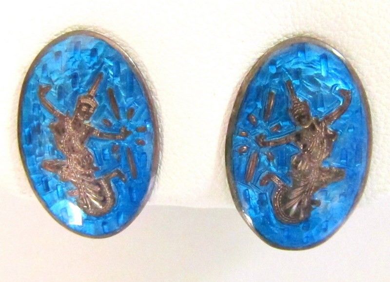 VINTAGE SIGNED SIAM STERLING STUNNING BLUE ENAMEL SCREWBACK EARRINGS 