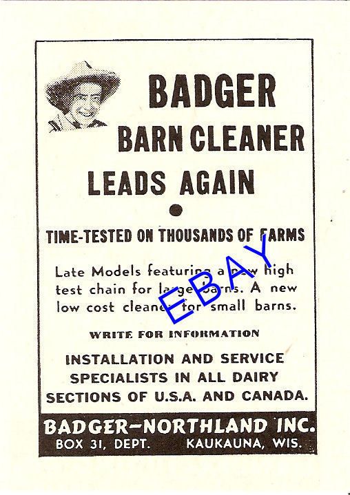 1953 BADGER BARN CLEANER AD MANURE CARRIER KAUKAUNA WI  