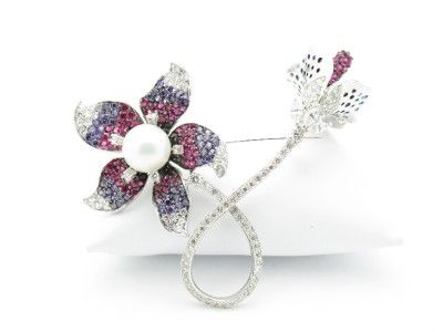   DIAMOND SET PAVE MULTI COLOR SAPPHIRE UNIQUE FLOWER BROOCH PIN  