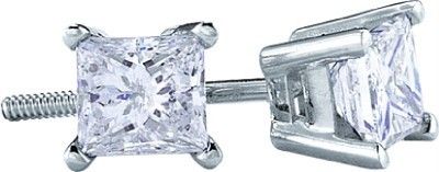 MENS LADIES WG 1 CT PRINCESS CUT DIAMOND STUD EARRINGS  