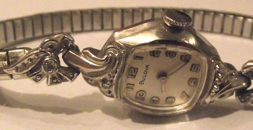 VINTAGE BULOVA M2 10K WHITE GOLD RGP W/ TWO DIAMOND SWISS LADIES WATCH 