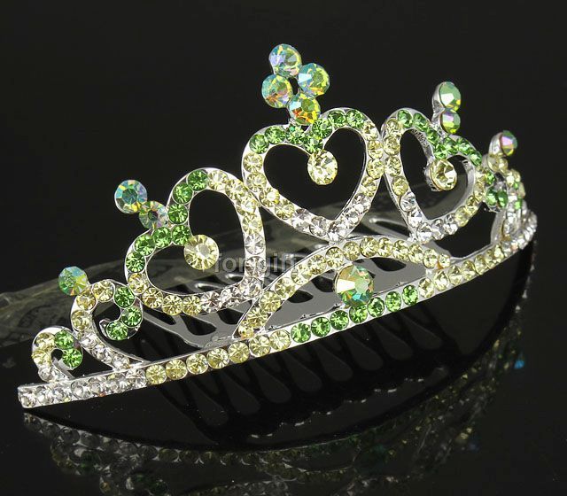 Noblest Green Swarovski Crystal Rhinestone 3 Hearts Crown Tiara Small 