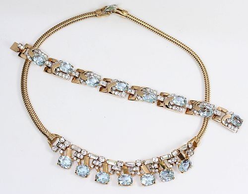 Vintage Mazer Faux Alexandrite Rhinestone Necklace Bracelet Set  