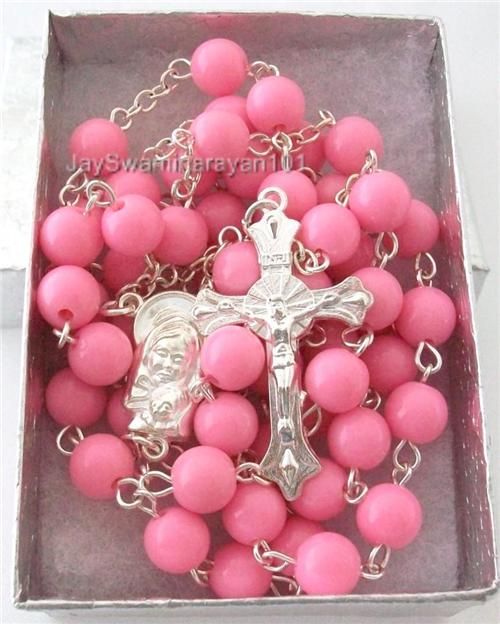 Pink Beaded Madonna Womens Girls Rosary Necklace 31  