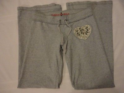   HEART Long Grey Drawstring Lounge Pants w/ Rhinestone Jewel Heart M x